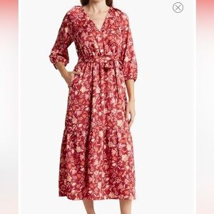 Lucky Brand Tie Waist Boho Floral Modest Midi Dress S NEW